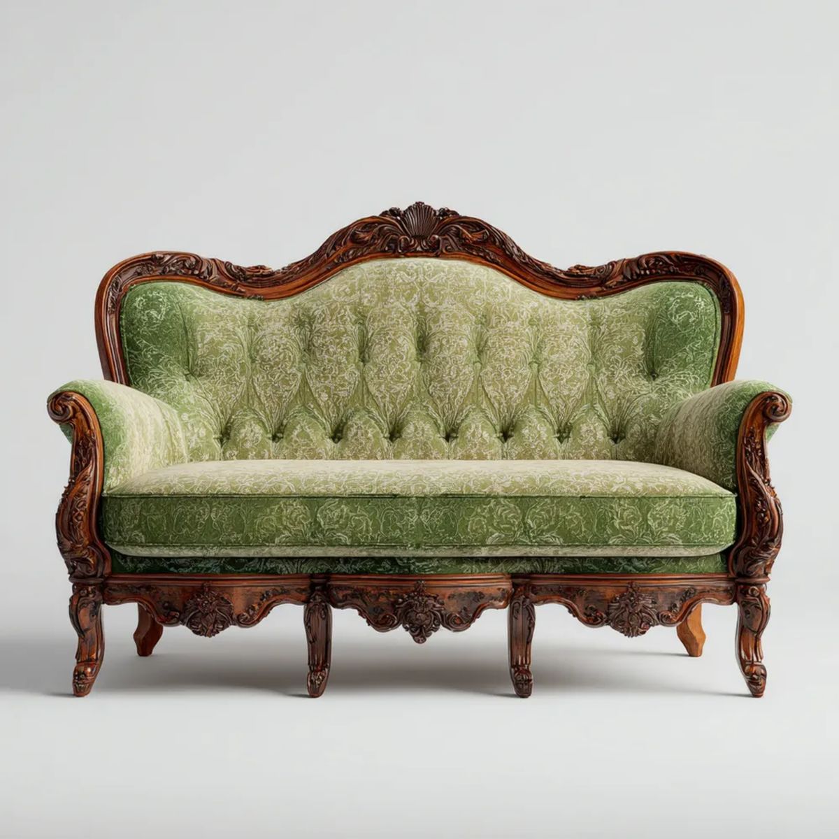 Dwuosobowa sofa zielona z drewnianą ramą i tapicerką żakardową, 160 × 75 × 115 cm