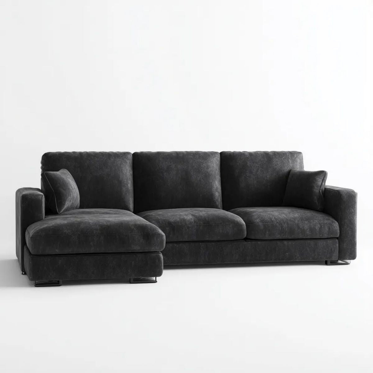 Grafitowo-czarna sofa narożna z lewym szezlongiem, tapicerowana, 280 × 160 × 85 cm