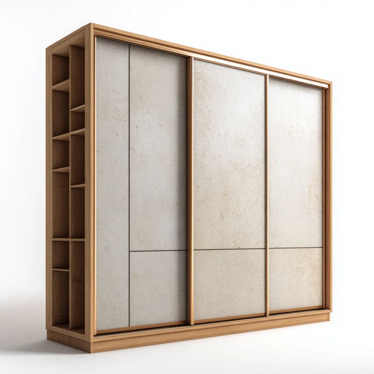 Drewniana szafa przesuwna z dekorem jasnego betonu i bocznym regałem 200 x 60 x 220 cm