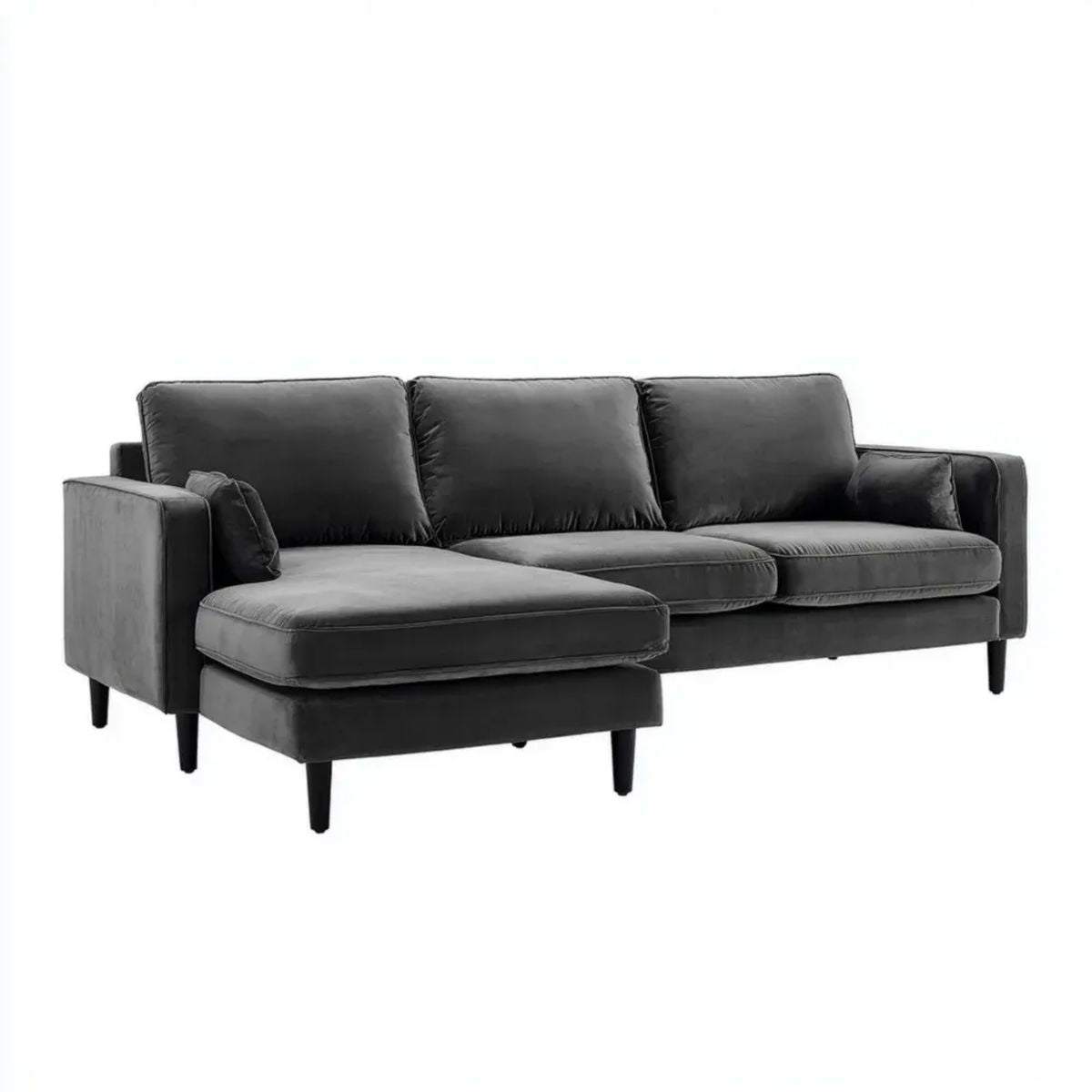 Aksamitna sofa narożna w kształcie L z lewostronnym szezlongiem, ciemnoszara, 260 × 160 × 85 cm