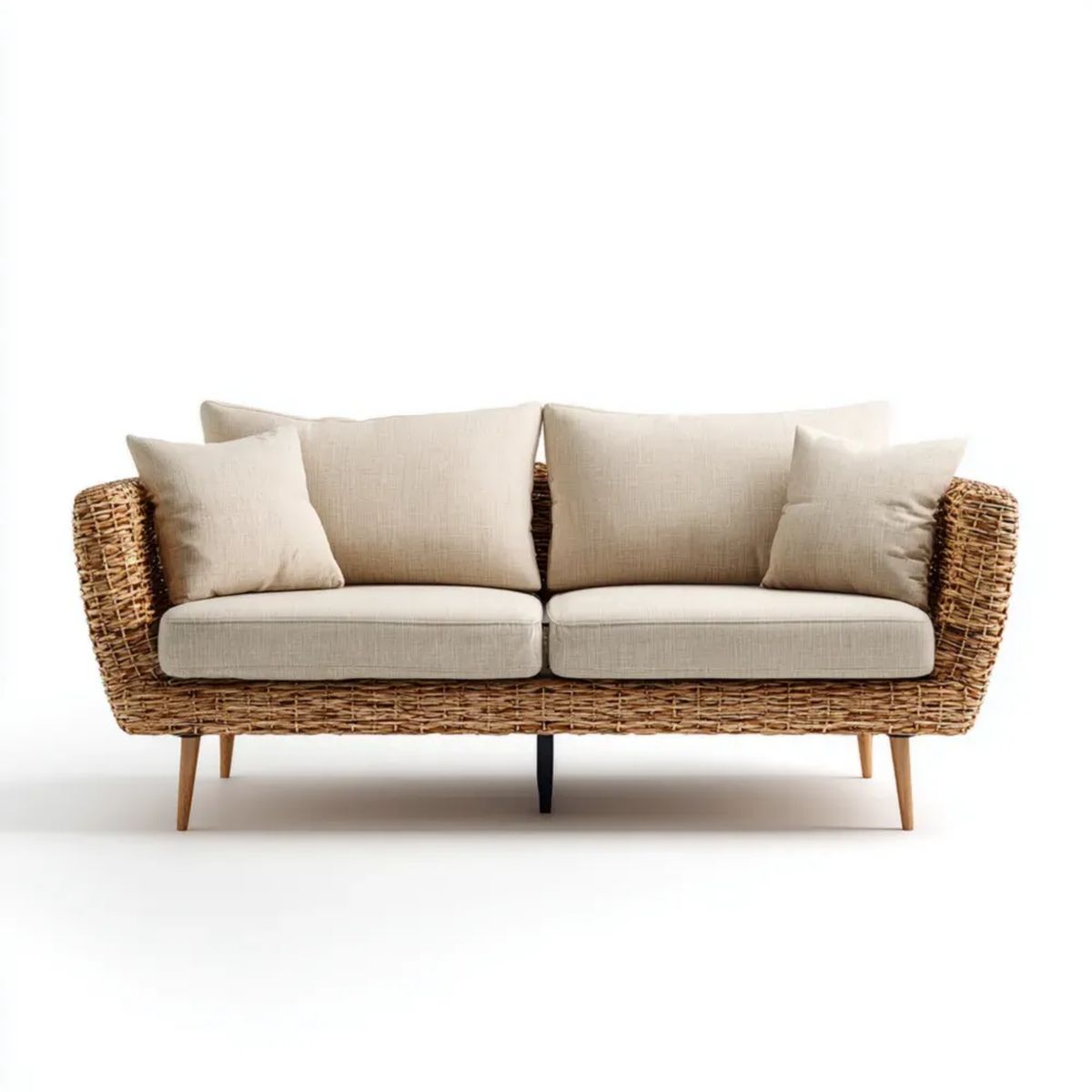 Dwuosobowa sofa rattanowa z poliestrowymi poduszkami, beżowa, 160 x 80 x 78 cm
