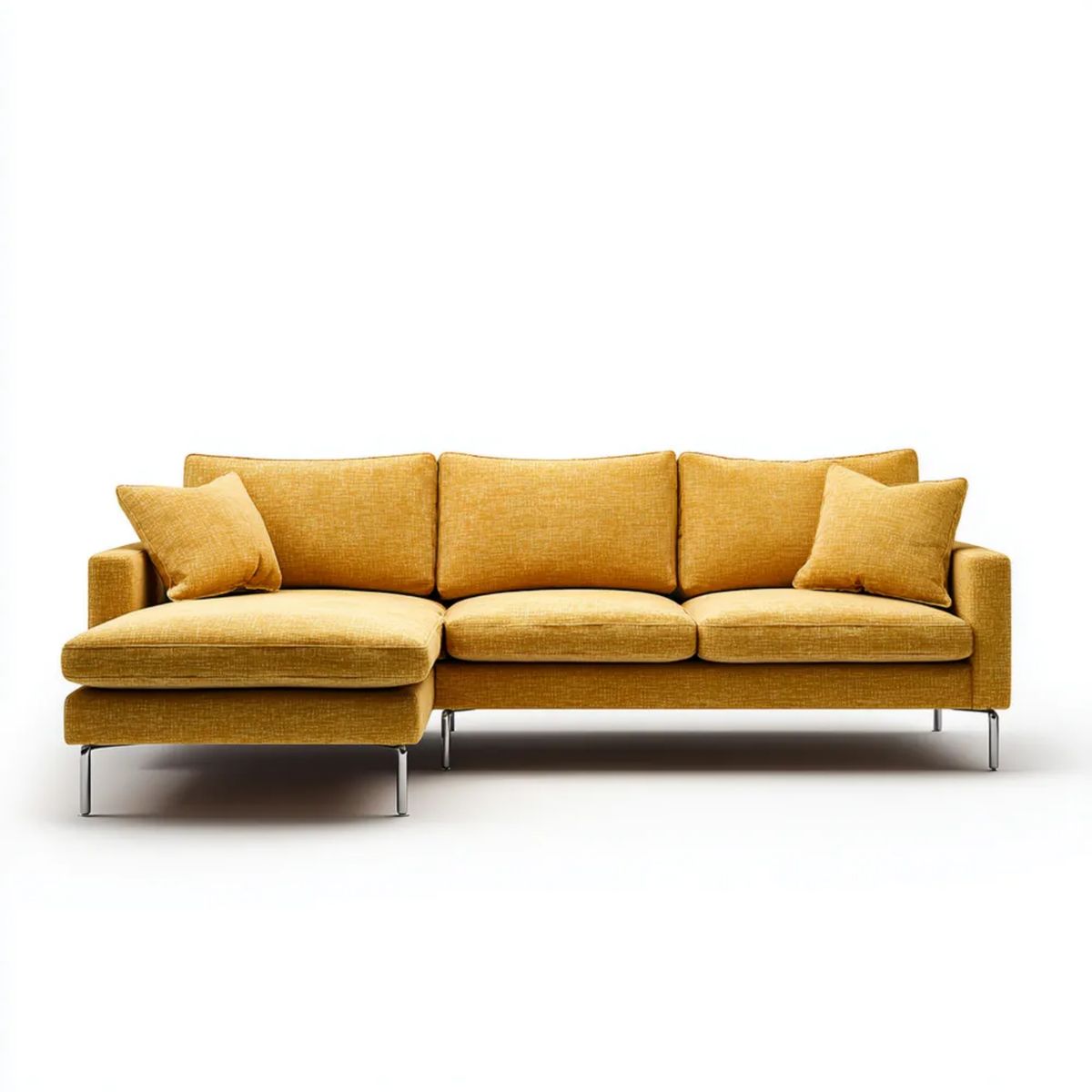 Musztardowa sofa narożna z lewostronnym szezlongiem, tapicerka poliestrowa, 280 × 160 × 85 cm