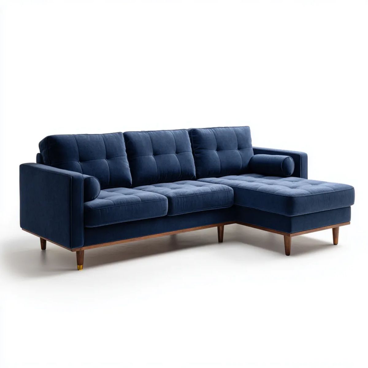 Granatowa sofa narożna w kształcie L z prawostronnym szezlongiem, aksamitna, 230 × 150 × 85 cm