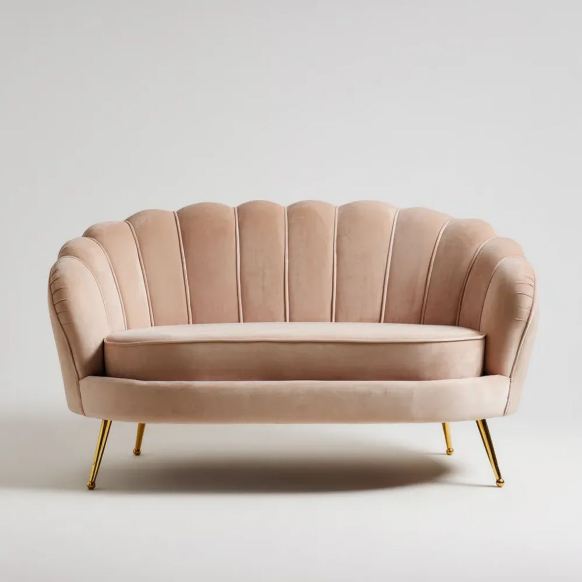 Dwuosobowa sofa różowa z aksamitu, 160 x 78 x 82 cm, półokrągła, ze złotymi metalowymi nogami